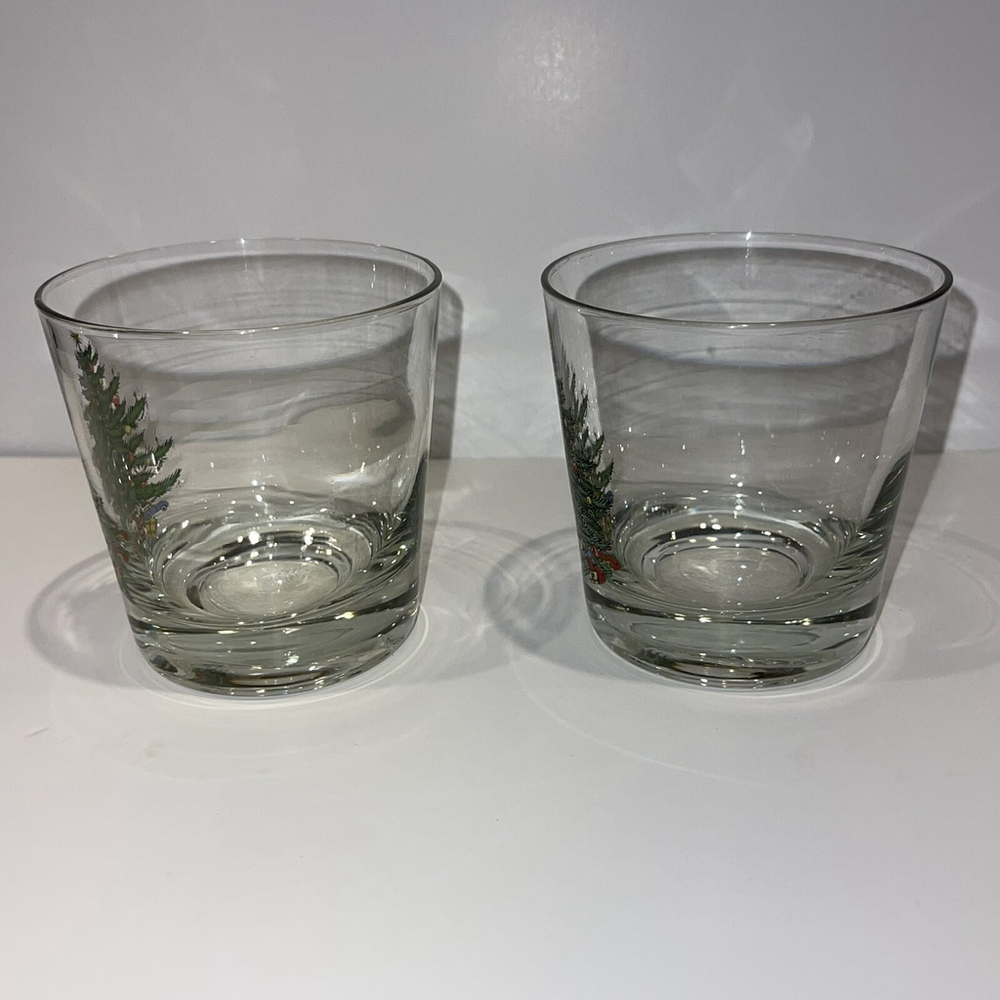 Vintage Christmas Tree Print Low Ball Whiskey Glasses 3.25” EUC FLAWED READ - Picture 3 of 9